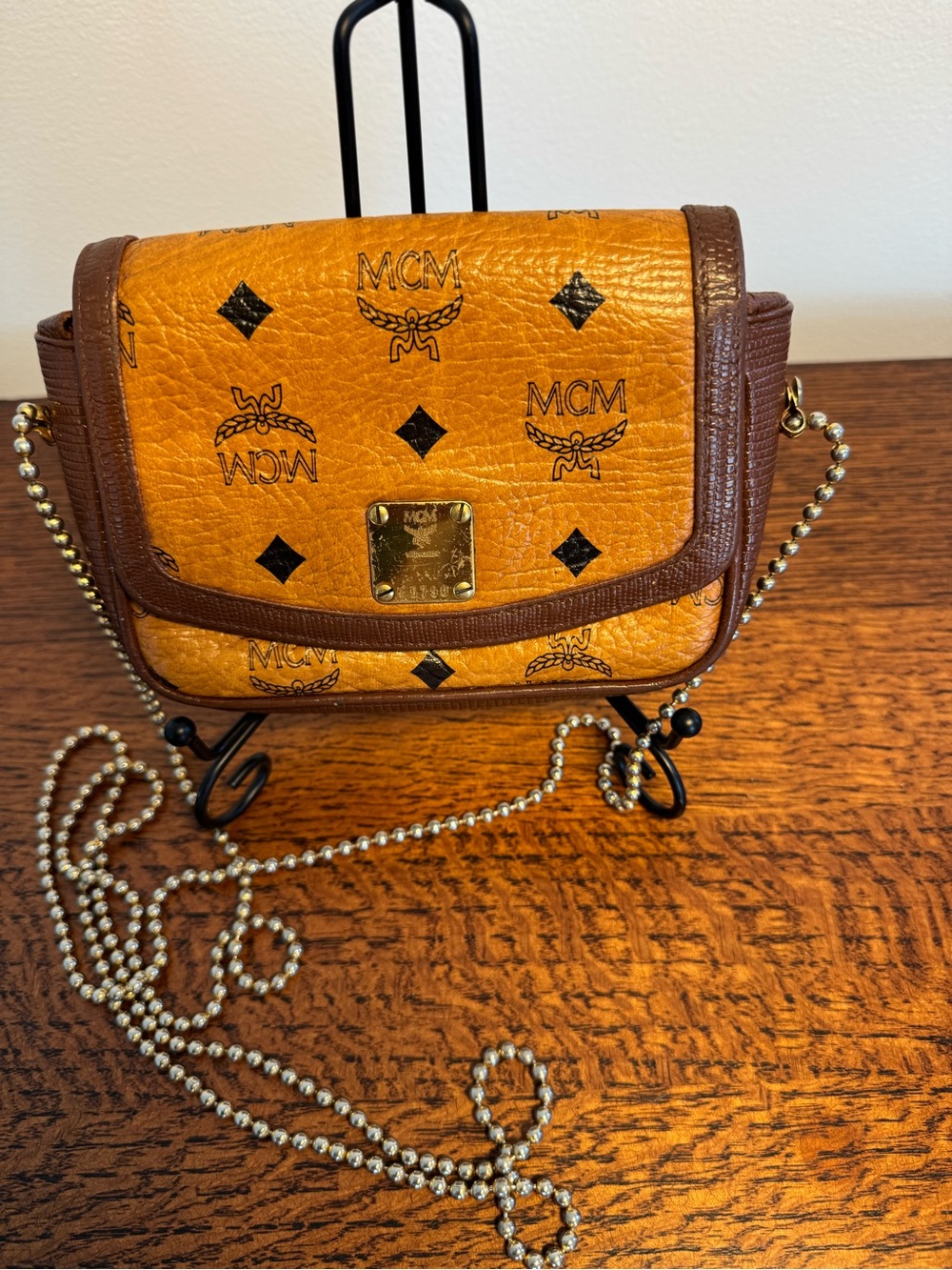 MCM Mini Visetos Ball Chain Crossbody Bag - Cognac